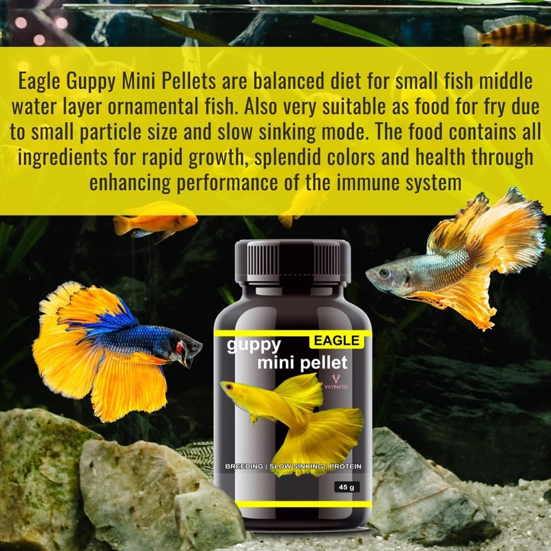 VAYINATO Eagle Guppy Fish Food Combo (Guppy Flake 100 Ml + Mini Pellet 45 G) Breeding | High Protein | Fast Growth and Slow Sinking Fish Food by Petzlifeworld,All Life Stages - Image 5