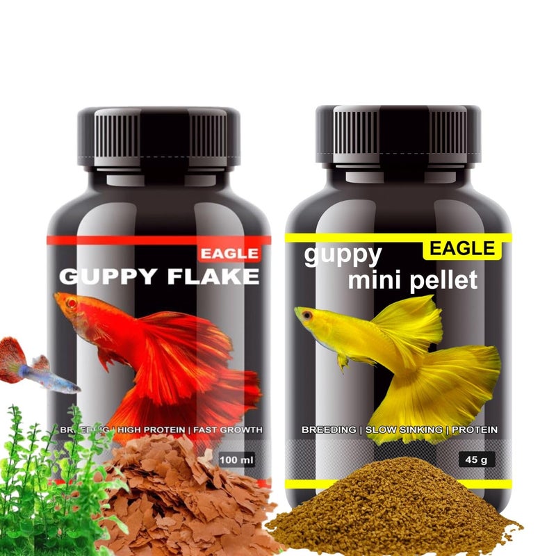 VAYINATO Eagle Guppy Fish Food Combo (Guppy Flake 100 Ml + Mini Pellet 45 G) Breeding | High Protein | Fast Growth and Slow Sinking Fish Food by Petzlifeworld,All Life Stages - Image 1