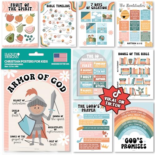 Hadley Designs Sunday School Decorations for Classroom – 9 Bible Posters for Kids, 11x14in Books of the Bible Poster, 10 Commandments, Fruits of the Spirit & More – Retro Christian Classroom Decor - Image 1