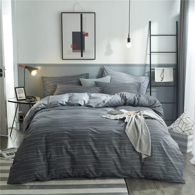 VM VOUGEMARKET VM VOUGEMARKET 100 Natural Cotton Striped Duvet Cover SetGray Stripes Pattern Printed Comforter Cover for Boys MenReversible Modern Simple Style Bedding Set 