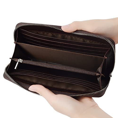 VISOUL Leather Long Zipper Pouch Wallet for Men and Women with RFID Blocking, Large Clutch Cash Long Wallet with Zipper (Coffee) - Image 2