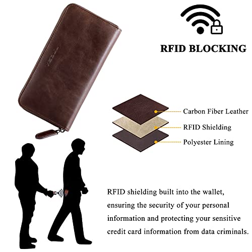 VISOUL Leather Long Zipper Pouch Wallet for Men and Women with RFID Blocking, Large Clutch Cash Long Wallet with Zipper (Coffee) - Image 4