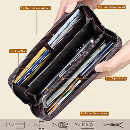 VISOUL Leather Long Zipper Pouch Wallet for Men and Women with RFID Blocking, Large Clutch Cash Long Wallet with Zipper (Coffee) - Image 3