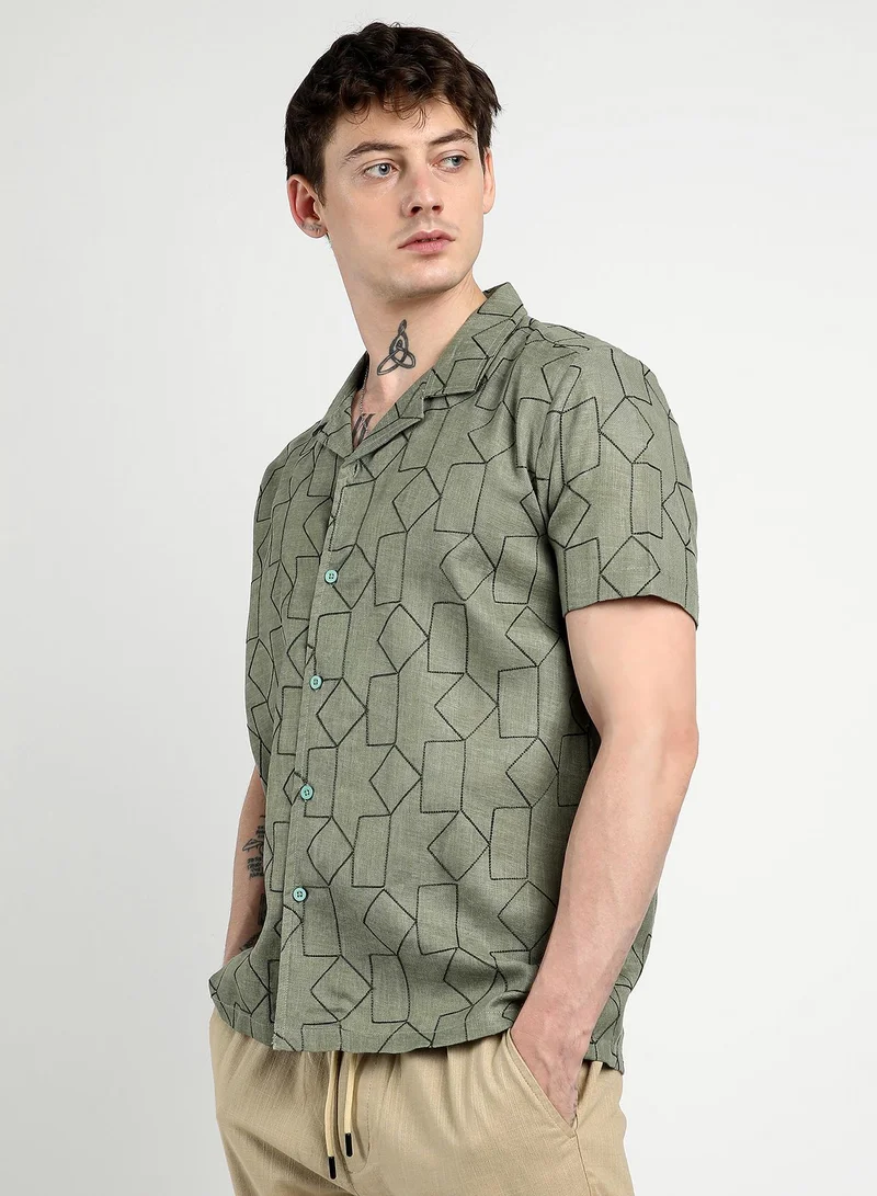 Campus Sutra Men's Olive Green Embroidered Geometric-Lined Shirt