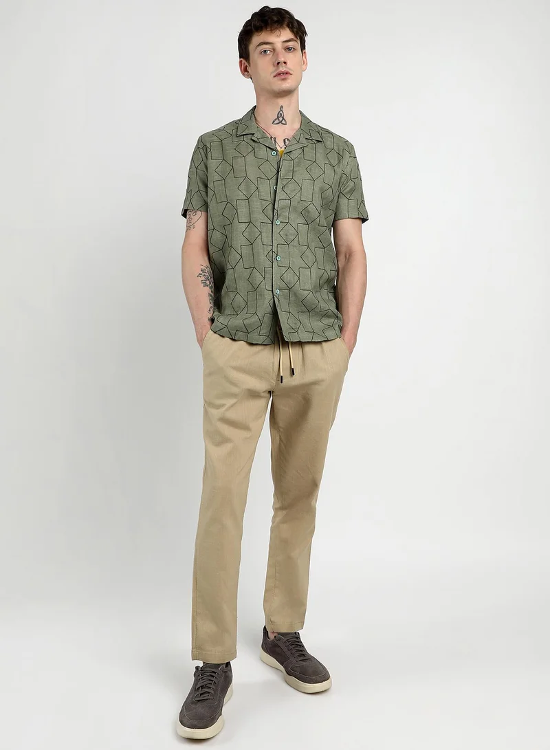 Campus Sutra Men's Olive Green Embroidered Geometric-Lined Shirt