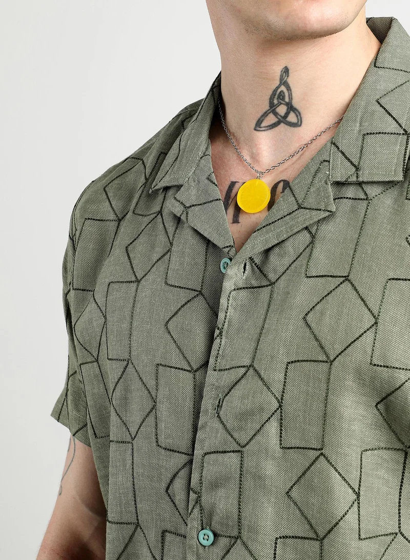 Campus Sutra Men's Olive Green Embroidered Geometric-Lined Shirt