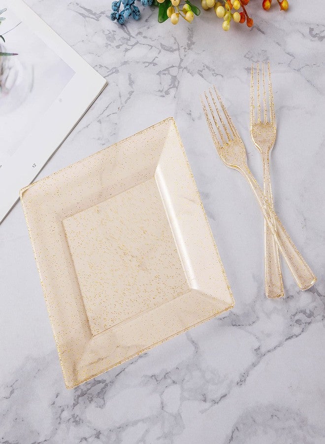Goodluck 240PCS Square Gold Glitter Plates with Plastic Forks, Gold Dessert Plates for 120 Guests, Heavy Duty Disposable Plates for Party, Including 120 6.5" Plastic Plates and 120 7.4" Forks - Image 2