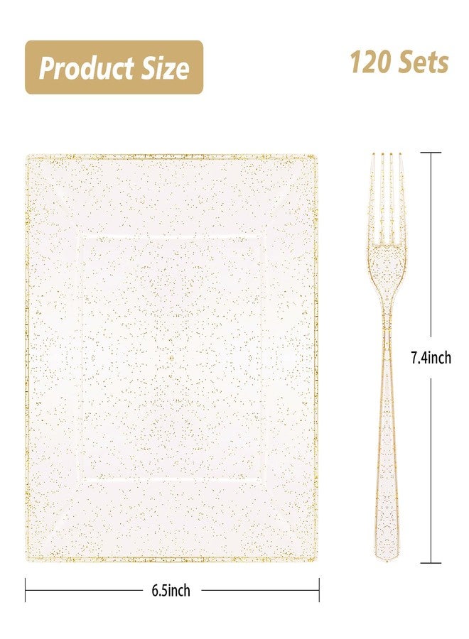 Goodluck 240PCS Square Gold Glitter Plates with Plastic Forks, Gold Dessert Plates for 120 Guests, Heavy Duty Disposable Plates for Party, Including 120 6.5" Plastic Plates and 120 7.4" Forks - Image 3