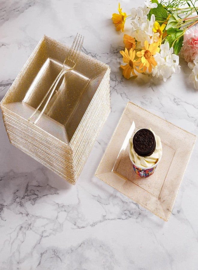 Goodluck 240PCS Square Gold Glitter Plates with Plastic Forks, Gold Dessert Plates for 120 Guests, Heavy Duty Disposable Plates for Party, Including 120 6.5" Plastic Plates and 120 7.4" Forks - Image 5
