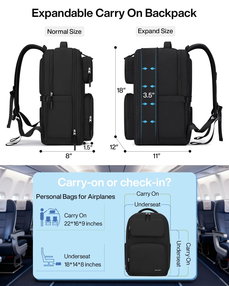 MILADA Expandable Travel Backpack 28L to 39L, TSA-Approved Carry On Backpack with 17 Inch Laptop Compartment, School Business Work Backpack for Men & Women, Black - Image 2