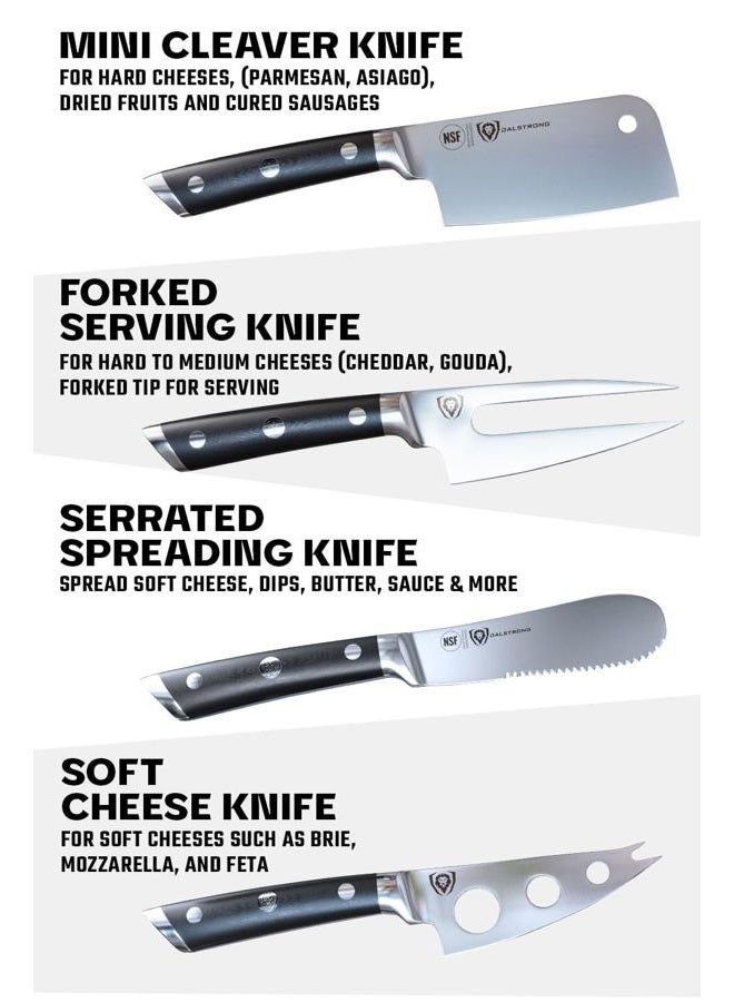 Dalstrong Charcuterie & Cheese Knife Set - 4-Piece - Gladiator Series Elite - Mini Cleaver, Serrated Knife, Round-Tip, Forked Cheese Knife - HC German Steel - G10 Handle - w/Sheath - NSF Certified - Image 4