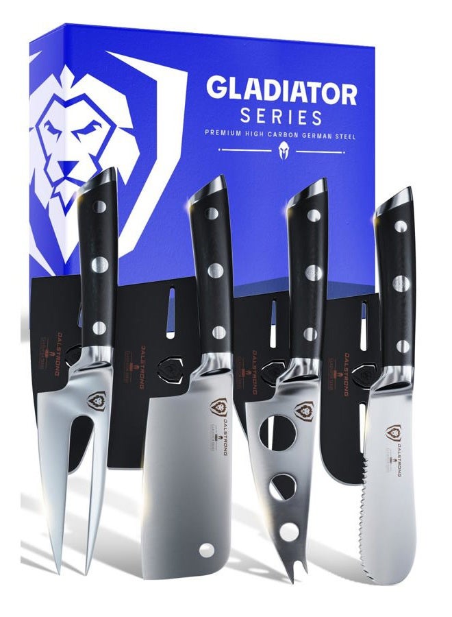 Dalstrong Charcuterie & Cheese Knife Set - 4-Piece - Gladiator Series Elite - Mini Cleaver, Serrated Knife, Round-Tip, Forked Cheese Knife - HC German Steel - G10 Handle - w/Sheath - NSF Certified - Image 1