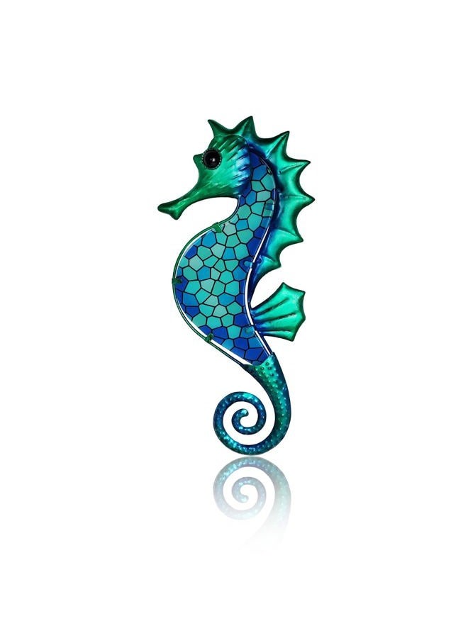 Liffy Seahorse Metal Wall Art Decor, Blue Sea Life Hanging Sculpture, Beach Theme Wall Artwork Decorations for Indoor Outdoor (Blue mosaic seahorse) - Image 1
