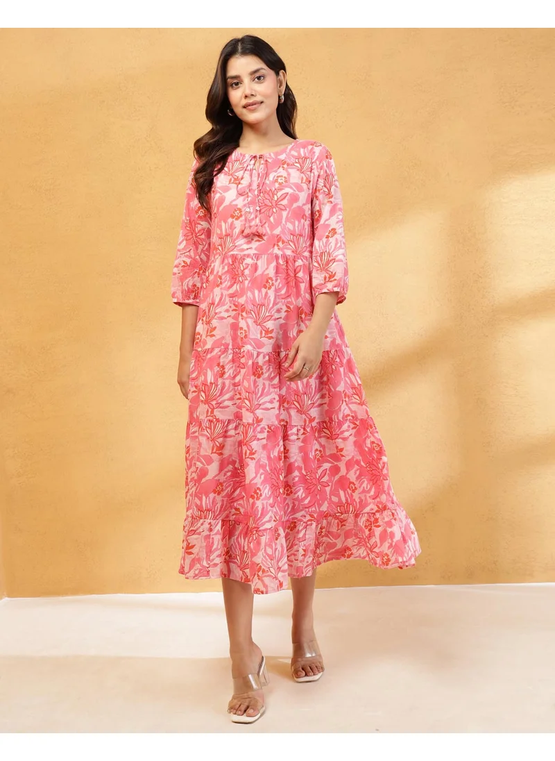 فاب انديا Pink Cotton Hand Block Printed Midi Dress