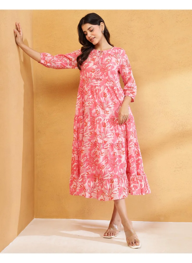فاب انديا Pink Cotton Hand Block Printed Midi Dress