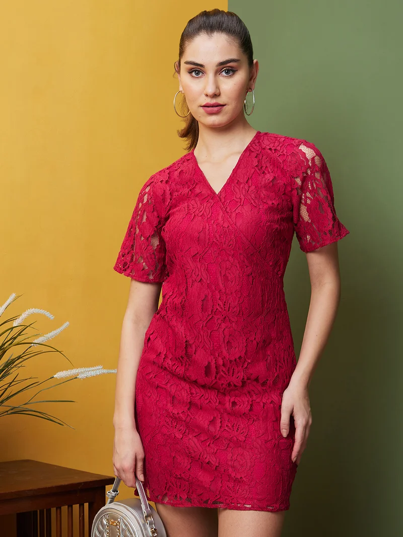 globus Women Maroon Lace Sheath Mini Dress