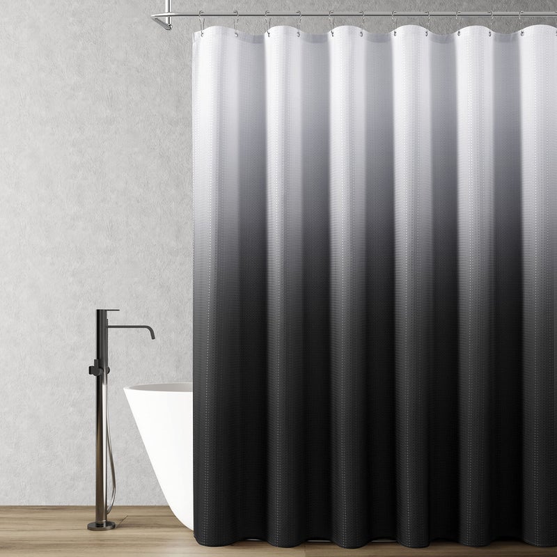 ستائر دش سوداء ستائر حمام بتدرج الأسود والأبيض قماش محكم مع 12 خطاف مقاومة للماء قابلة للغسل في الغسالة 72 × 72 بوصة