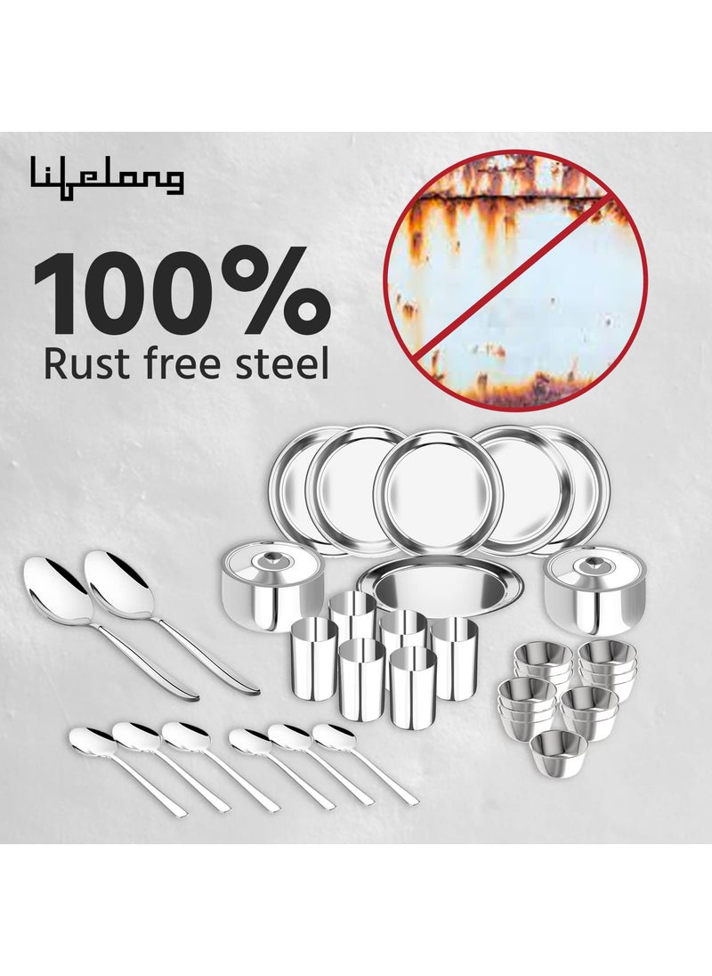 Lifelong - Lifelong Dinner Set of 36 Pcs | Stainless Steel | 6 Full Dinner Plates| 6 Glasses| 12 Vegetable Bowl| 6 Dinner Spoons| 2 Serving Spoon |2 Serving Bowl with Lid (LLDINSET36, Silver) - Image 1