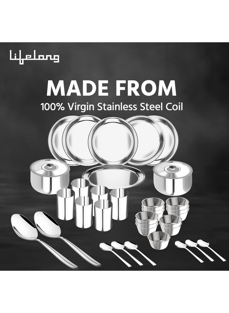 Lifelong - Lifelong Dinner Set of 36 Pcs | Stainless Steel | 6 Full Dinner Plates| 6 Glasses| 12 Vegetable Bowl| 6 Dinner Spoons| 2 Serving Spoon |2 Serving Bowl with Lid (LLDINSET36, Silver) - Image 1
