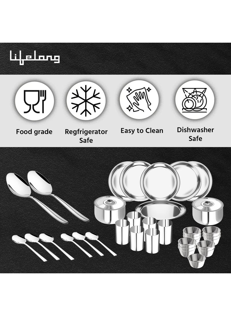 Lifelong - Lifelong Dinner Set of 36 Pcs | Stainless Steel | 6 Full Dinner Plates| 6 Glasses| 12 Vegetable Bowl| 6 Dinner Spoons| 2 Serving Spoon |2 Serving Bowl with Lid (LLDINSET36, Silver) - Image 1