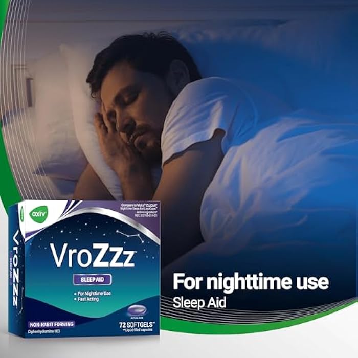 AXIV VrozZZ Nighttime Sleep Aid Softgels, Diphenhydramine HCl 25mg, Non-Habit Forming, Liquid-Filled Capsules, 72 Count - Image 4
