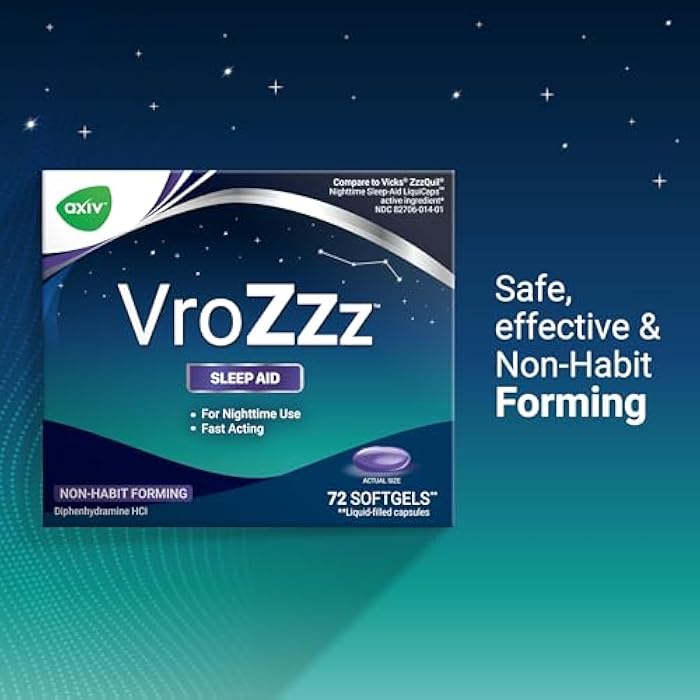 AXIV VrozZZ Nighttime Sleep Aid Softgels, Diphenhydramine HCl 25mg, Non-Habit Forming, Liquid-Filled Capsules, 72 Count - Image 3