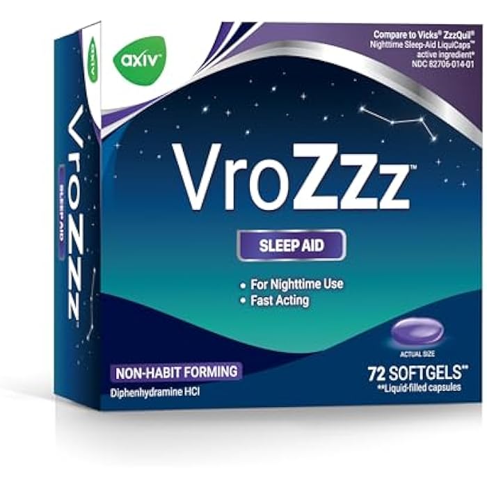 AXIV VrozZZ Nighttime Sleep Aid Softgels, Diphenhydramine HCl 25mg, Non-Habit Forming, Liquid-Filled Capsules, 72 Count - Image 1