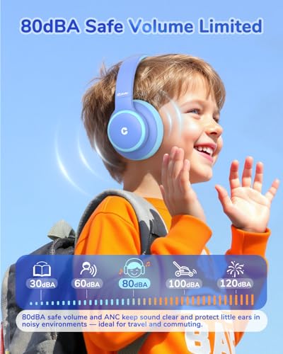 iClever BTH26 Active Noise Cancelling Headphones for Kids, 60H Play Time, Safe Volume 80dBA, Type C Fast Charging, Bluetooth5.4, Kids Bluetooth Headphones with Mic AUX Cord for iPad Airplane, Blue - Image 4
