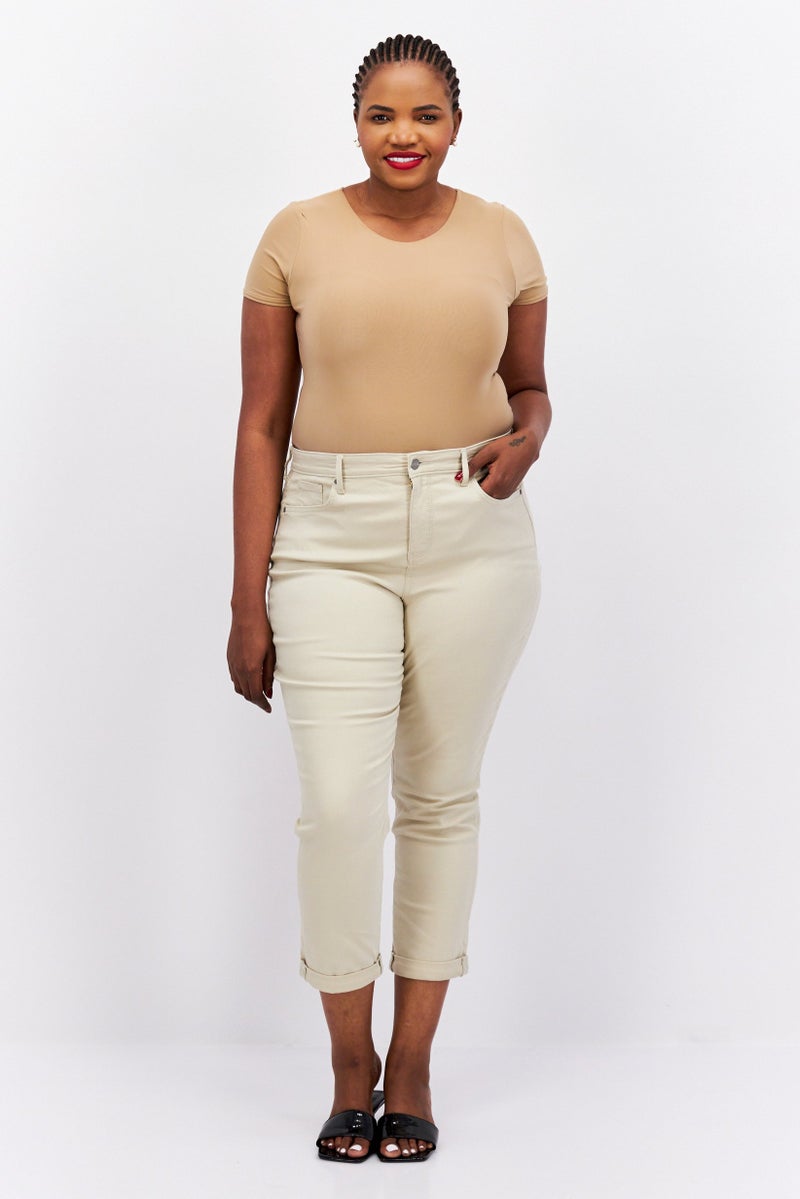 Women Regular Fit Plain Stretchable Jeans, Beige