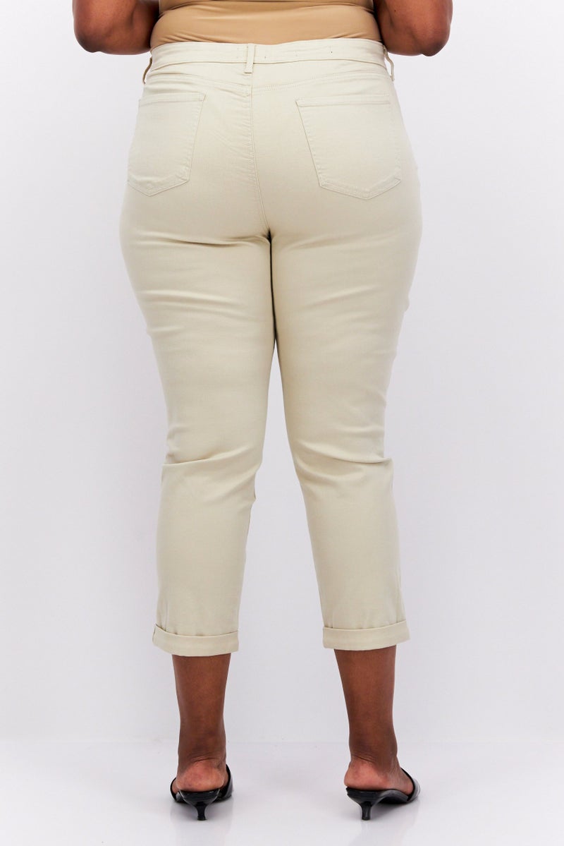Women Regular Fit Plain Stretchable Jeans, Beige