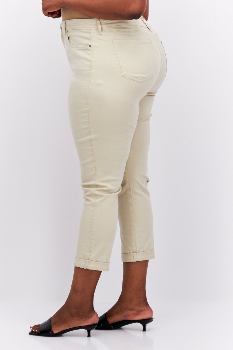Women Regular Fit Plain Stretchable Jeans, Beige