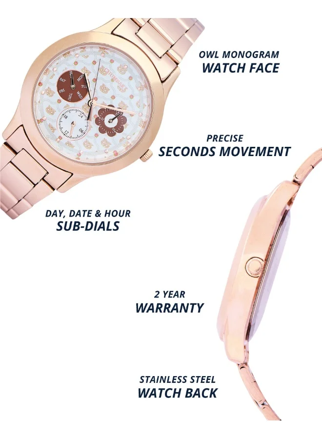 Chumbak Ivory Owl Monogram Metal Watch | Rosegold with Offwhite Dial