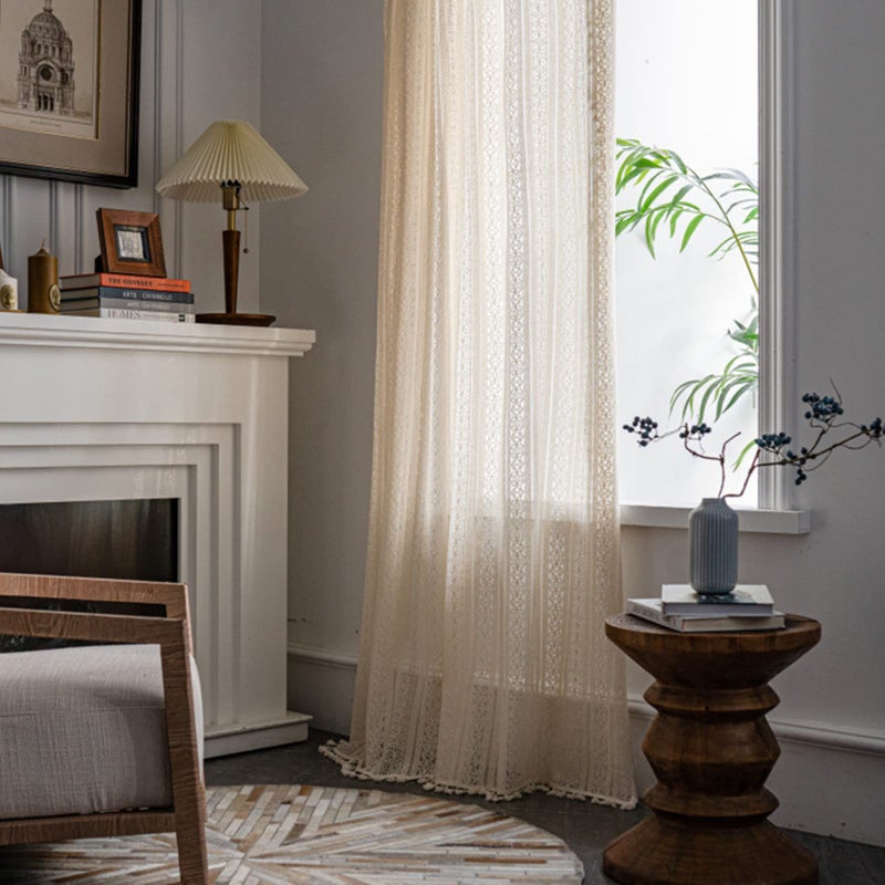 Sutuo Home Boho Curtain Crochet Lace Semi-Sheer Florals Hollow Knitted Handmade Tassels, Rod Pocket Window Treatment Vintage Rustic Farmhouse Drapes for Living Bedroom, 1 Panel 59" W x 84" L, Beige - Image 2
