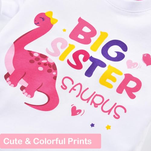 WAWSAM Dinosaur Big Sister Announcement T Shirt Promoted Outfits for Toddler Girls 100% Cotton Promoted to Big Sister Shirt (White, 5T) - Image 2