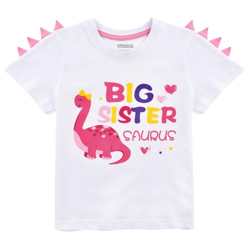 WAWSAM Dinosaur Big Sister Announcement T Shirt Promoted Outfits for Toddler Girls 100% Cotton Promoted to Big Sister Shirt (White, 5T) - Image 1