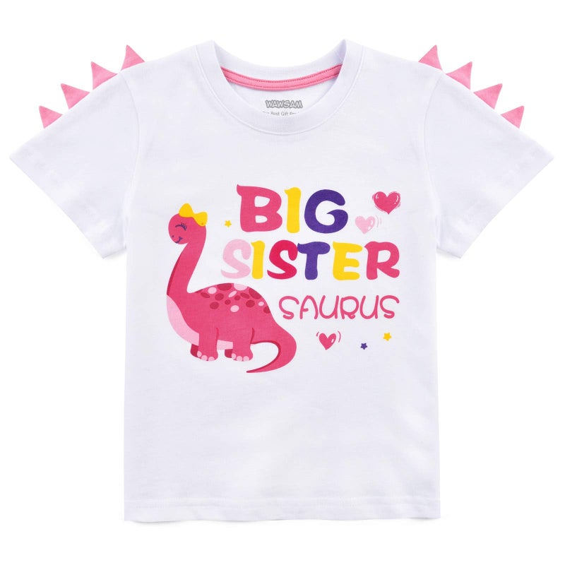 WAWSAM Dinosaur Big Sister Announcement T Shirt Promoted Outfits for Toddler Girls 100% Cotton Promoted to Big Sister Shirt (White, 5T) - Image 4