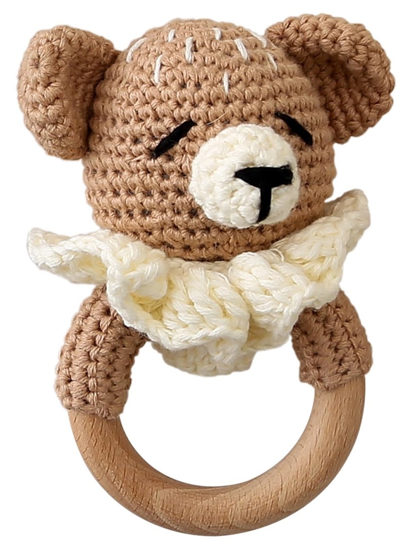 Wooden Crochet Bear Baby Rattle, Safe Infant Toy for Early Development and Gripping Skills, Perfect Newborn Gift - Image 1