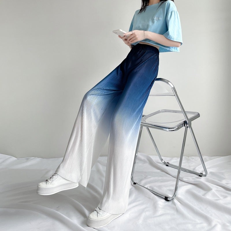 Gradient Pants Womens Summer Thin High Waist Loose Draping Casual Pants Slim Look Long Pants Wide Leg Pants Blue and White Gradient 