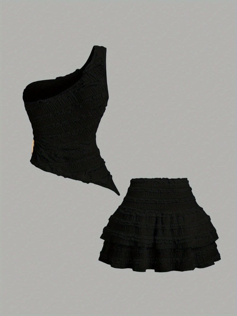 Women's Sexy Asymmetrical Hem Short Top And Ruffled Mini Skirt Set - Image 2