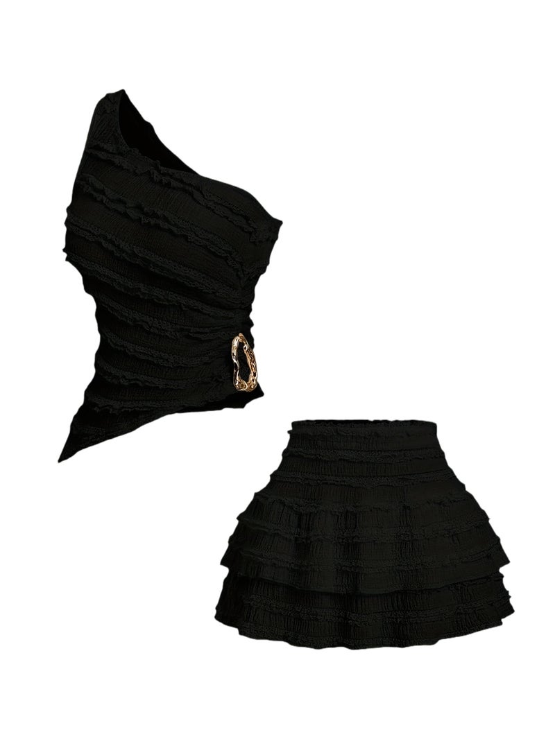 Women's Sexy Asymmetrical Hem Short Top And Ruffled Mini Skirt Set - Image 1
