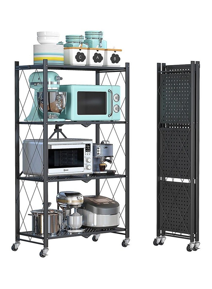 Collapsible Standing Shelf, Modular Storage Shelf, Heavy Duty Metal Storage Rack with Wheels, Free Standing Storage Rack (Black, 4 Tiers) - Image 1