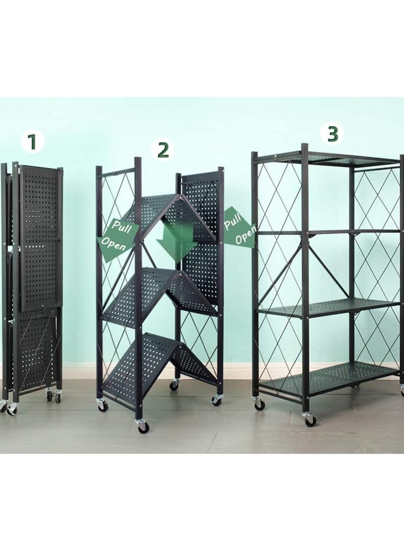 Collapsible Standing Shelf, Modular Storage Shelf, Heavy Duty Metal Storage Rack with Wheels, Free Standing Storage Rack (Black, 4 Tiers) - Image 3