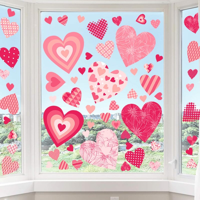Demonwer Valentines Window Cling Double-Sided Pink Red Love Heart Window Stickers Plaid Stripes Polka Dots Heart Valentine Wall Decals Happy Valentines Day Heart Stickers for Wedding Anniversary Holiday Decor - Image 1