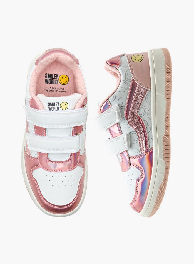 SMILEY Girls World Printed Sneakers with Hook and Loop Closure  - Image 1