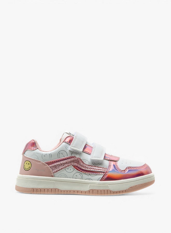 SMILEY Girls World Printed Sneakers with Hook and Loop Closure  - Image 3