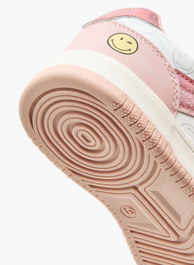 SMILEY Girls World Printed Sneakers with Hook and Loop Closure  - Image 5