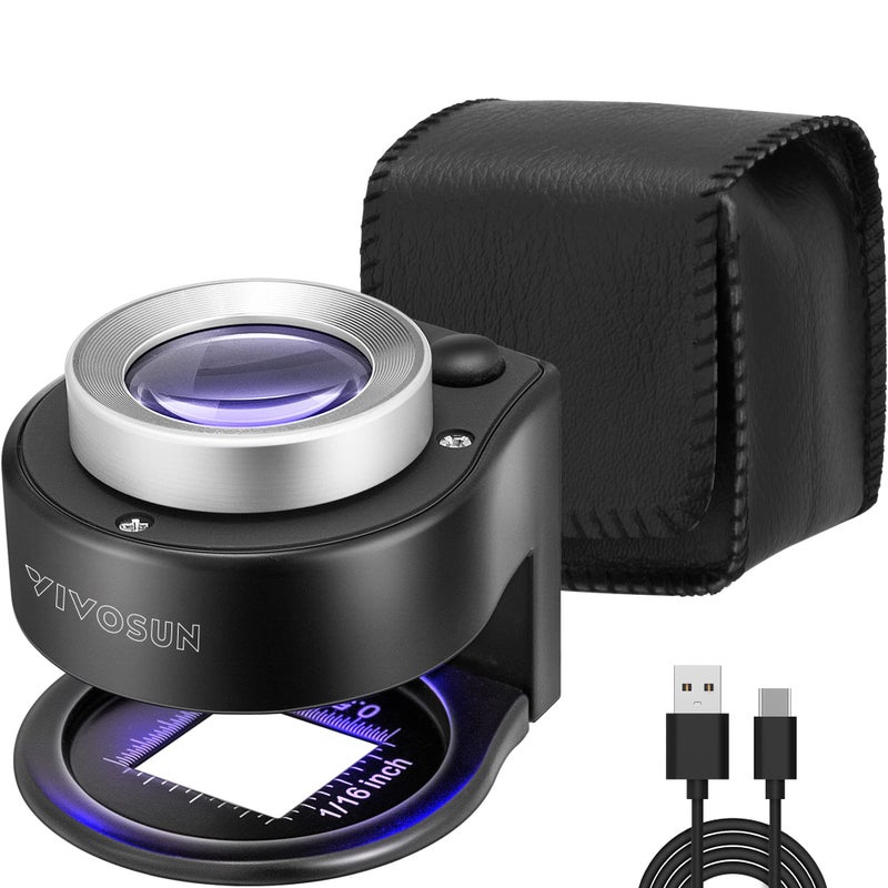 VIVOSUN 30X Rechargeable Loupe Magnifier with White LED Light and UV Light Portable Magnifying Glass with Optical Glass Lens  Scale for Jewelry Textile Gems Stamps Coins and Plants