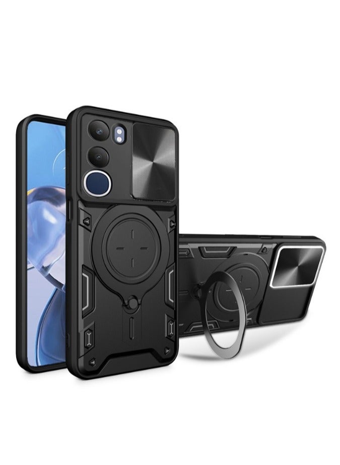 Case Cover for vivo Y19s 4G/ Y19s Pro 4G , Slide Camera Lens Cover, Magnetic Ring Holder Kickstand Protective Phone Case for vivo Y19s 4G, Black