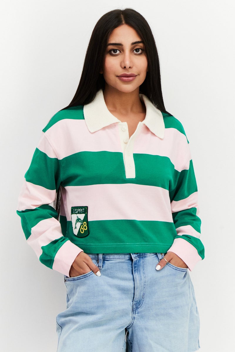 ESPRIT Women Spread Collar Long Sleeve Color Block Top, Green/Pink - Image 1