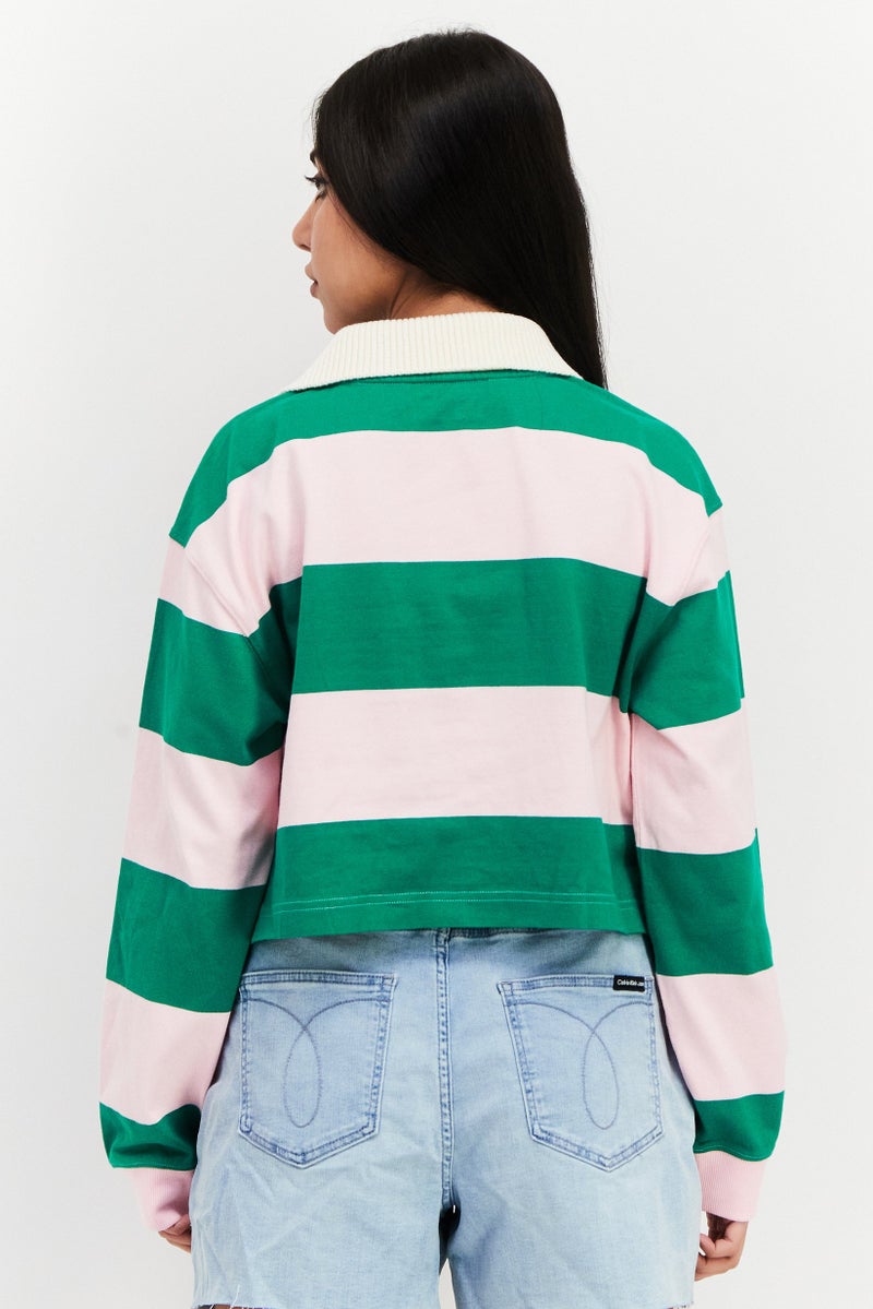 ESPRIT Women Spread Collar Long Sleeve Color Block Top, Green/Pink - Image 3